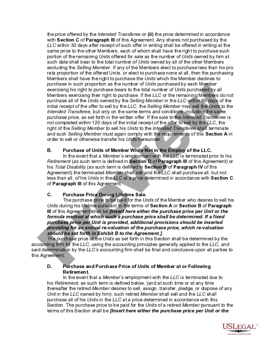 Preview Buy Sell or Stock Purchase Agreement Covering Membership Units in a Limited Liability Company (LLC) with an Option to Fund the Purchase through Life Insurance