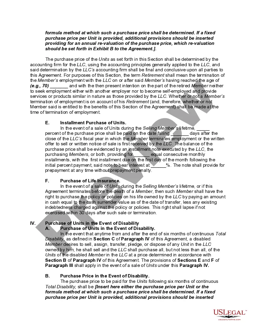 Preview Buy Sell or Stock Purchase Agreement Covering Membership Units in a Limited Liability Company (LLC) with an Option to Fund the Purchase through Life Insurance