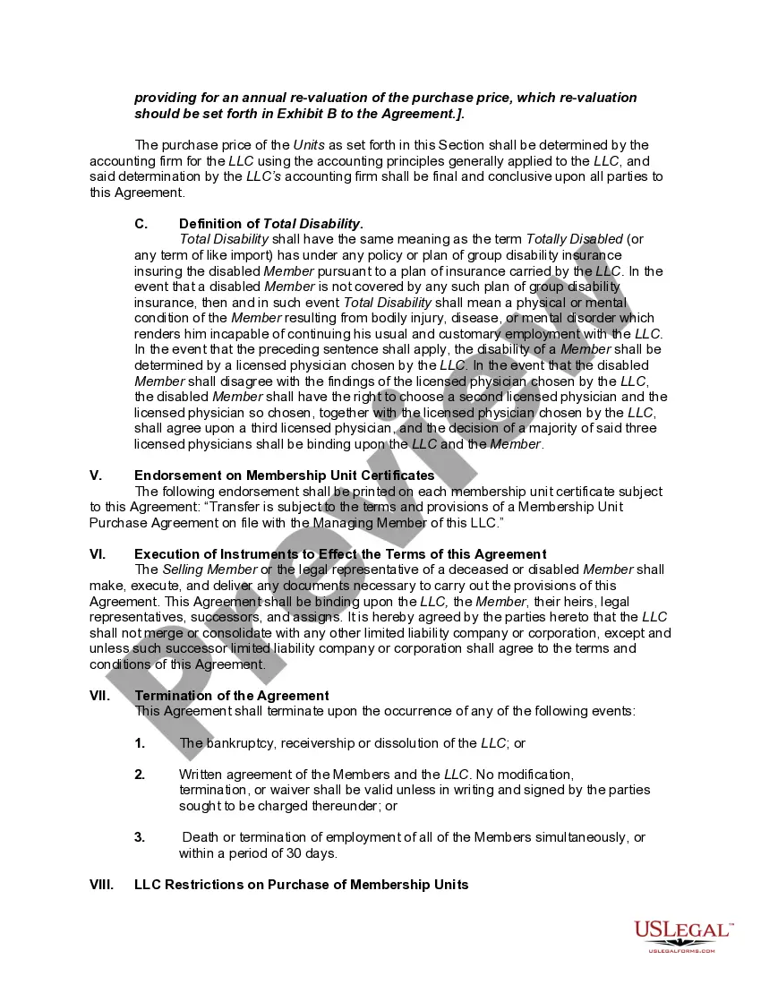 Preview Buy Sell or Stock Purchase Agreement Covering Membership Units in a Limited Liability Company (LLC) with an Option to Fund the Purchase through Life Insurance