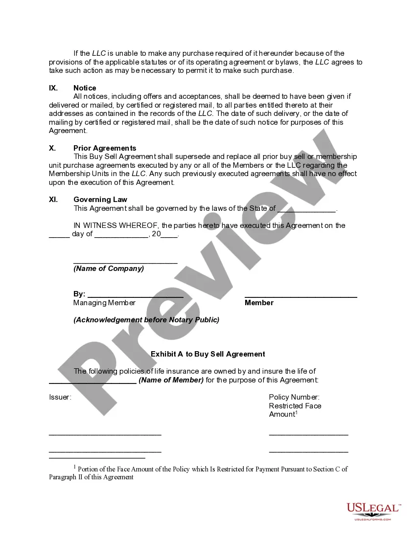 Preview Buy Sell or Stock Purchase Agreement Covering Membership Units in a Limited Liability Company (LLC) with an Option to Fund the Purchase through Life Insurance