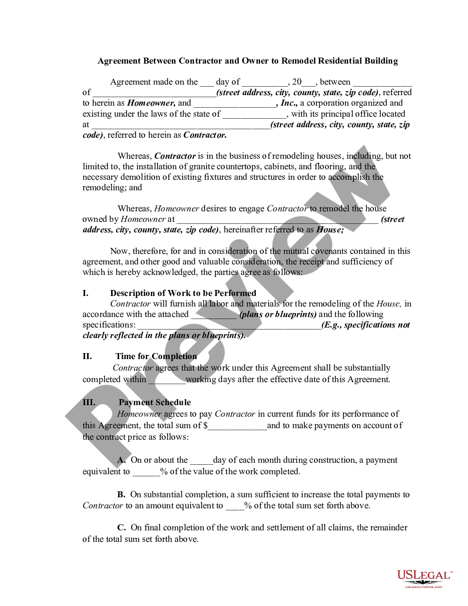 page 0 Agreement Between Contractor and Owner to Remodel Residential Building preview