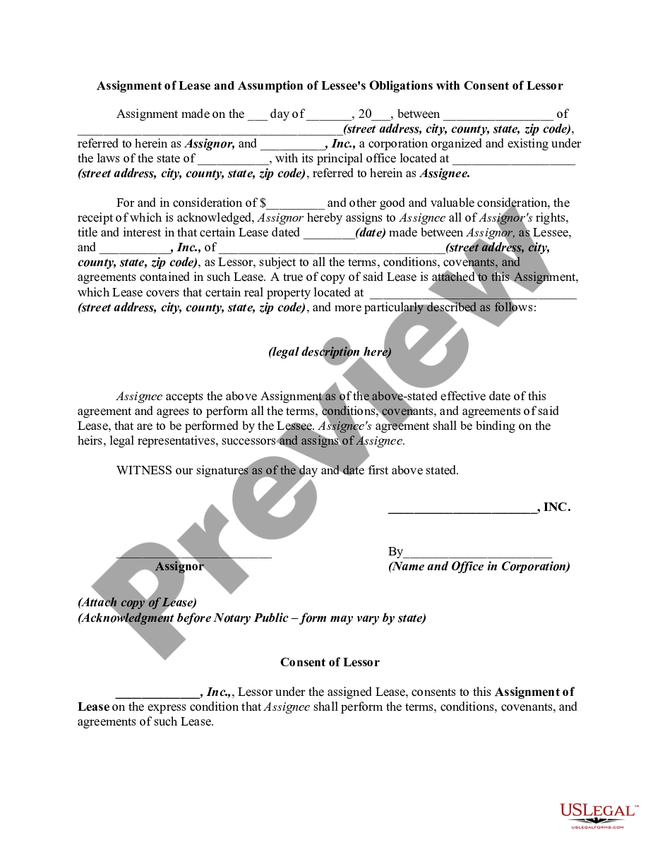 form Assignment of Lease and Assumption of Lessee's Obligations with Consent of Lessor preview