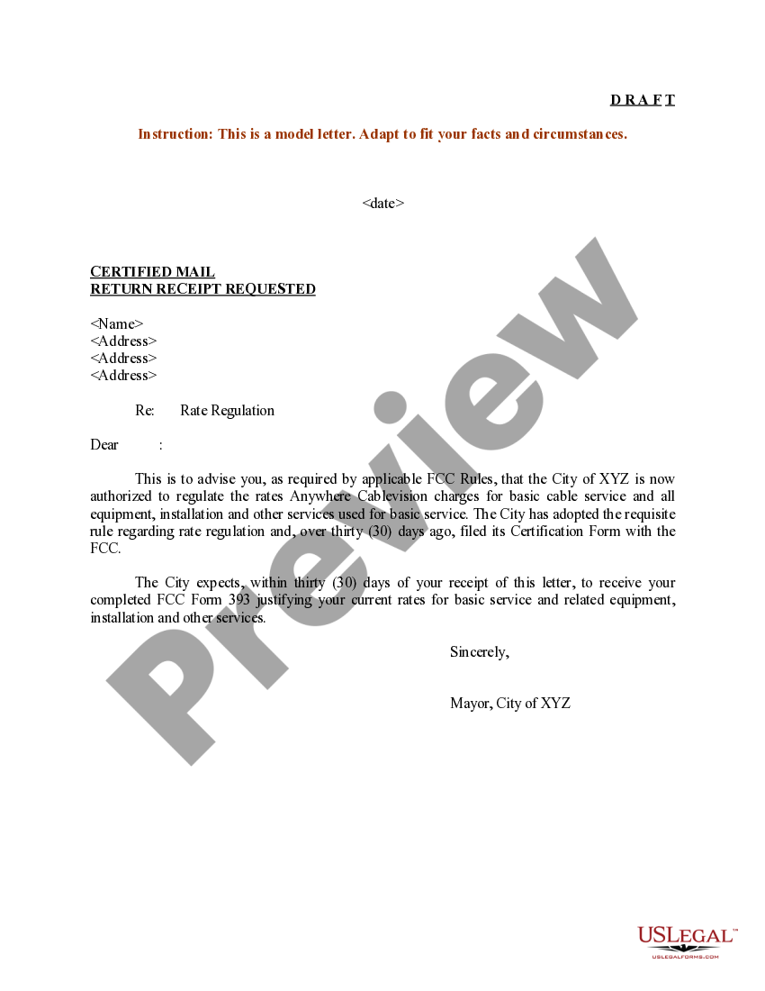 Philadelphia Pennsylvania Sample Letter for Regulation of Cable Rates
