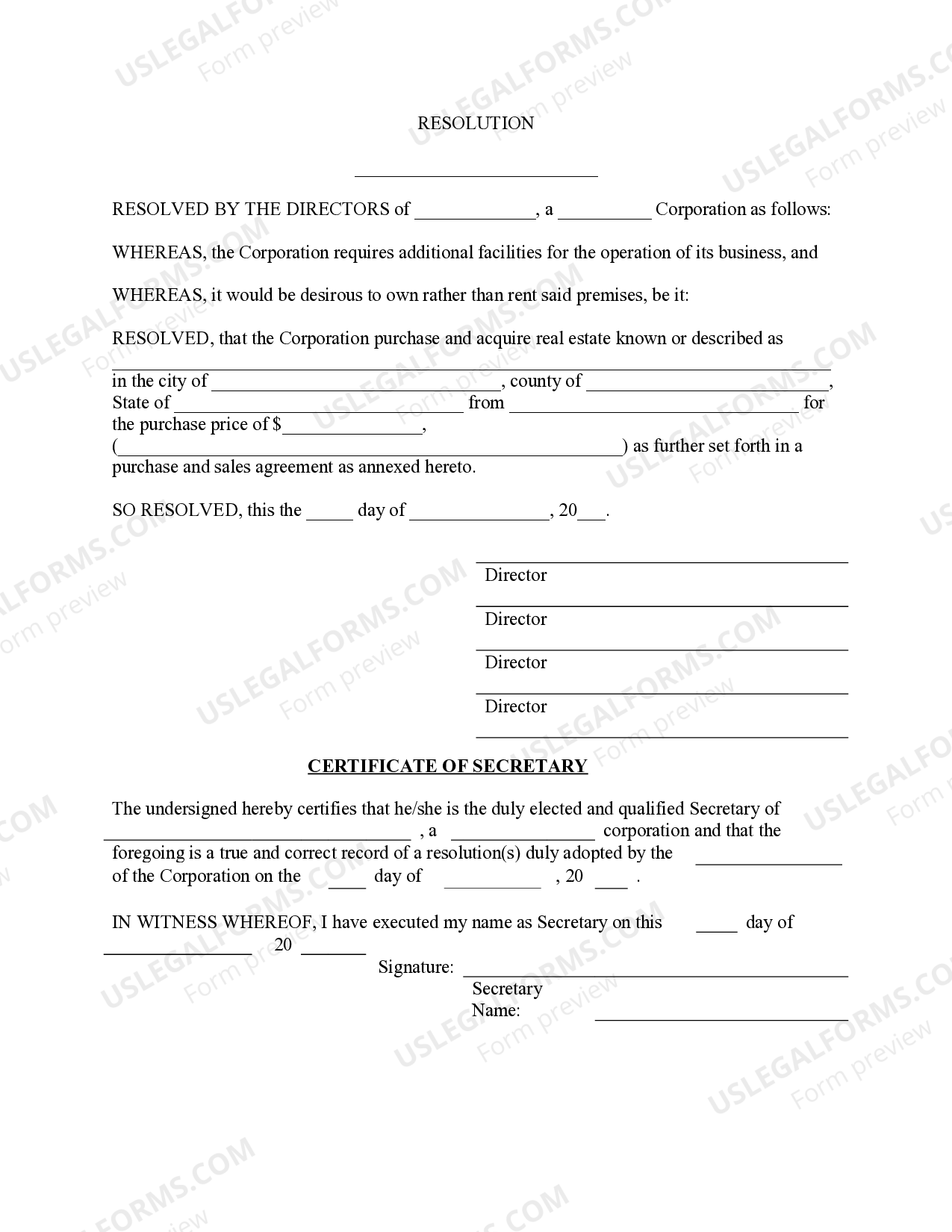 Pennsylvania Purchase Real Estate Resolution Form Purchase