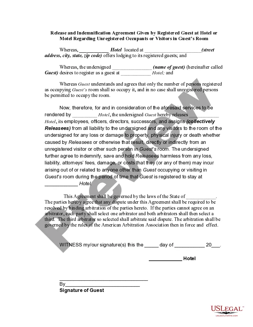 Preview Release and Indemnification Agreement Given by Registered Guest at Hotel or Motel Regarding Unregistered Occupants or Visitors in Guest's Room