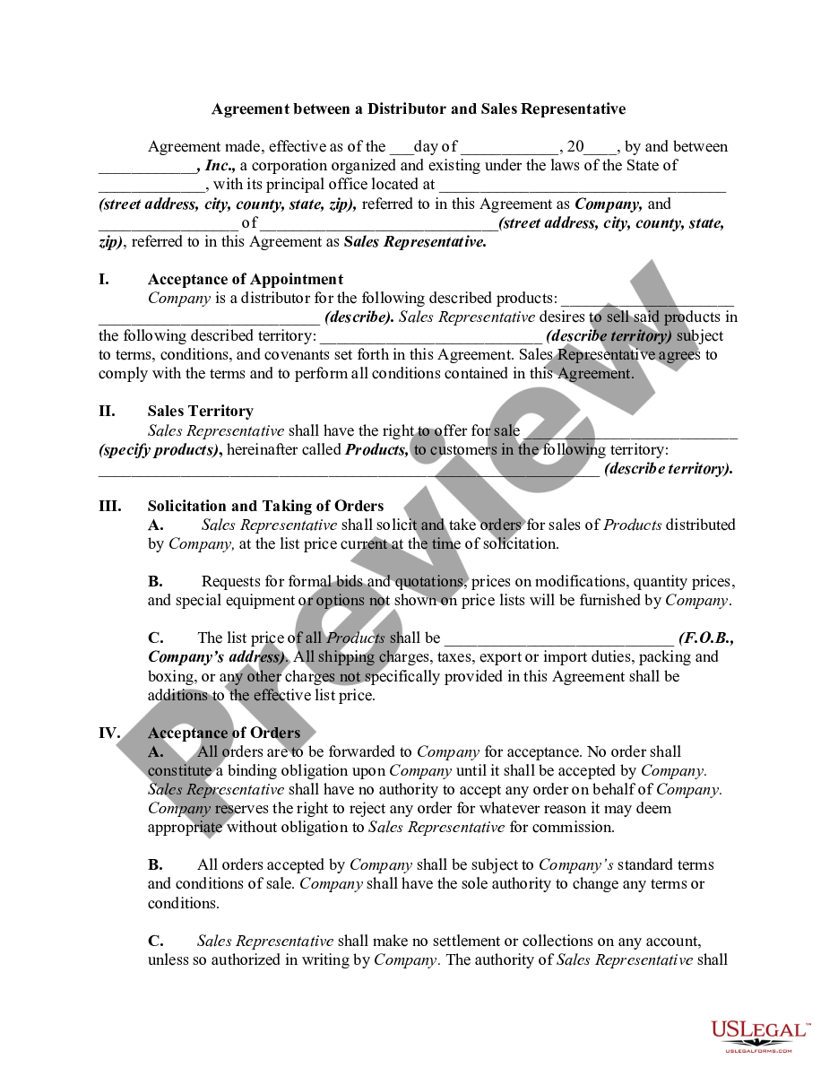 page 0 Agreement between a Distributor and Sales Representative preview