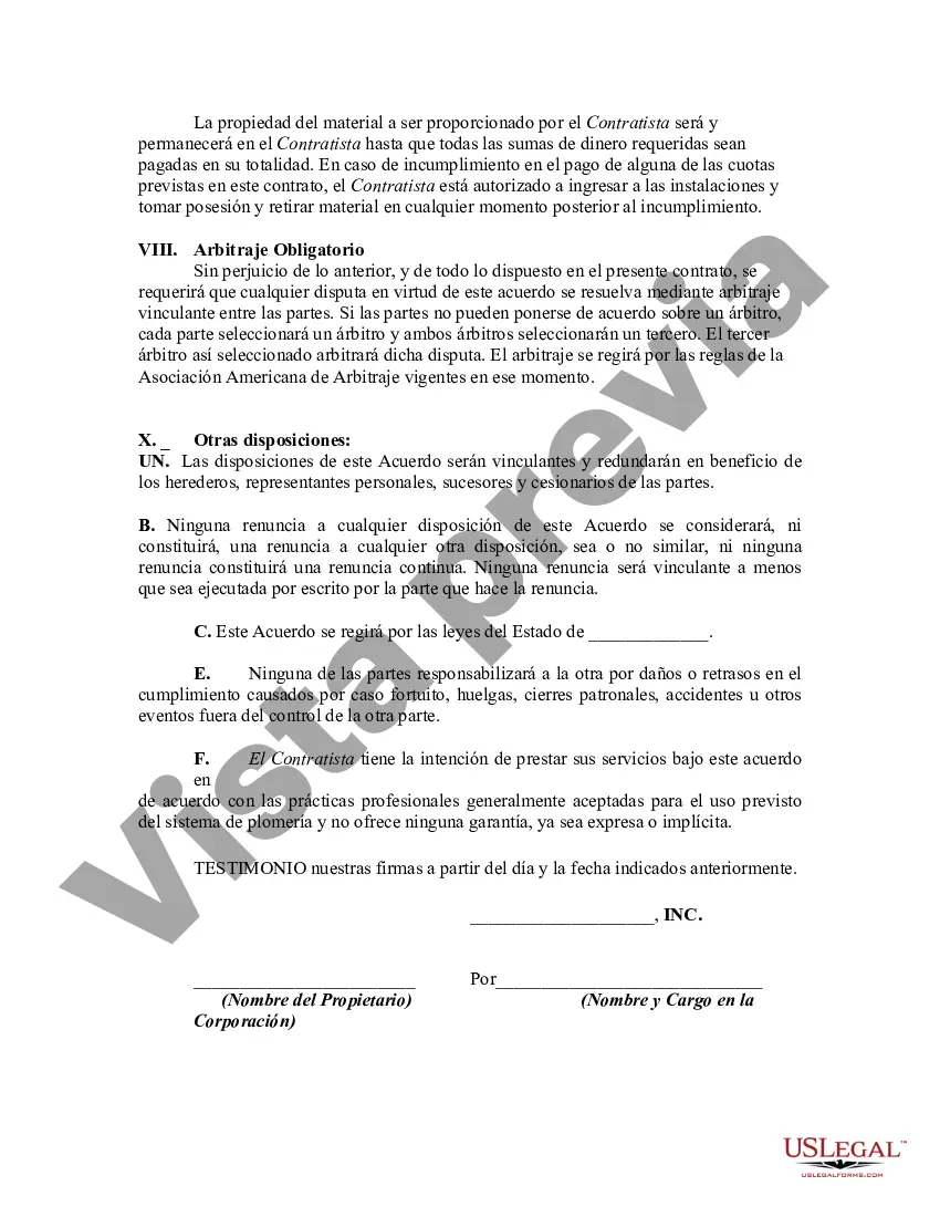 Preview Acuerdo con Contratista de Plomería para Instalación y Construcción en Edificio Comercial
