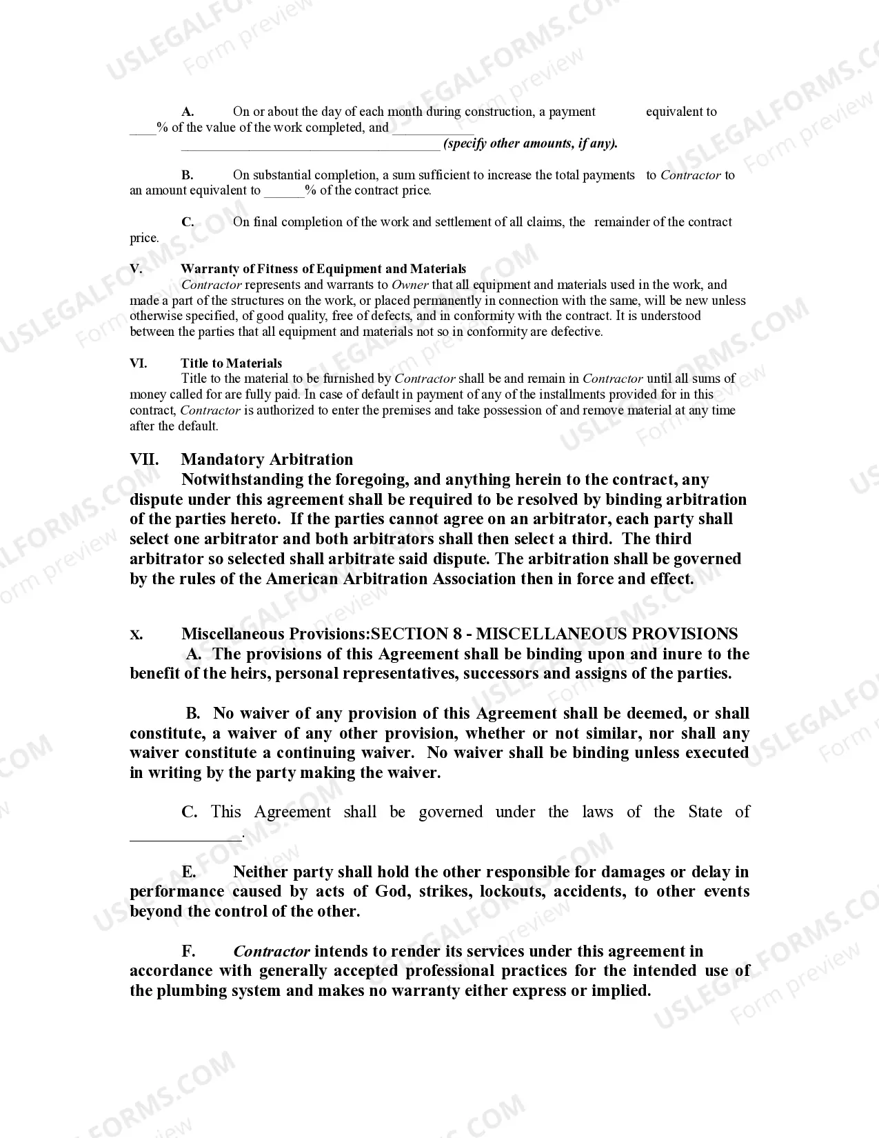 Preview Agreement with Plumbing Contractor for Installation and Construction in a Commercial Building