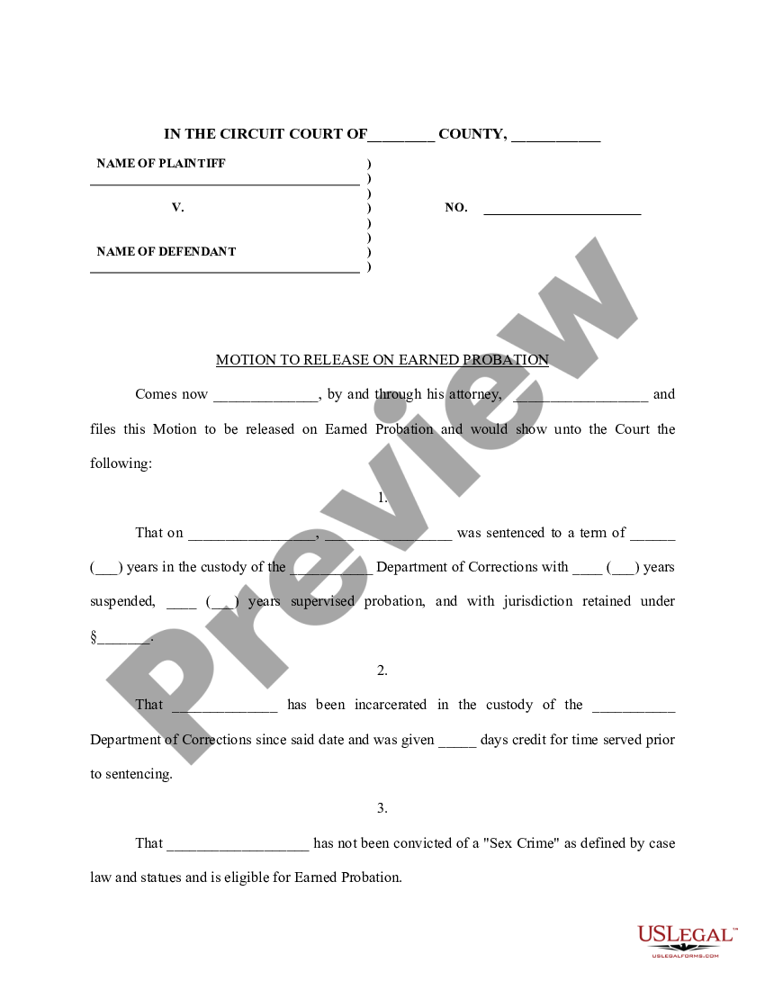 Motion to Release on Earned Probation Probation Release US Legal Forms