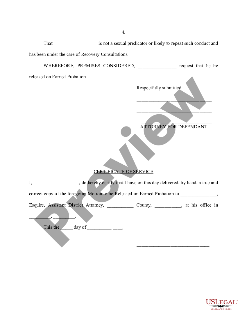 Motion to Release on Earned Probation - Probation Release | US Legal Forms