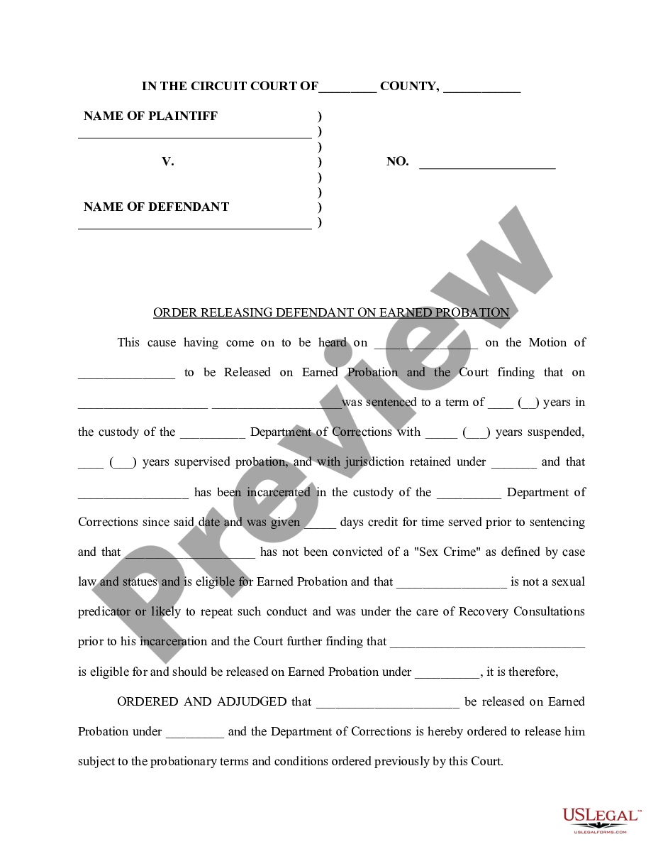 page 0 Order Releasing Defendant on Earned Probation preview