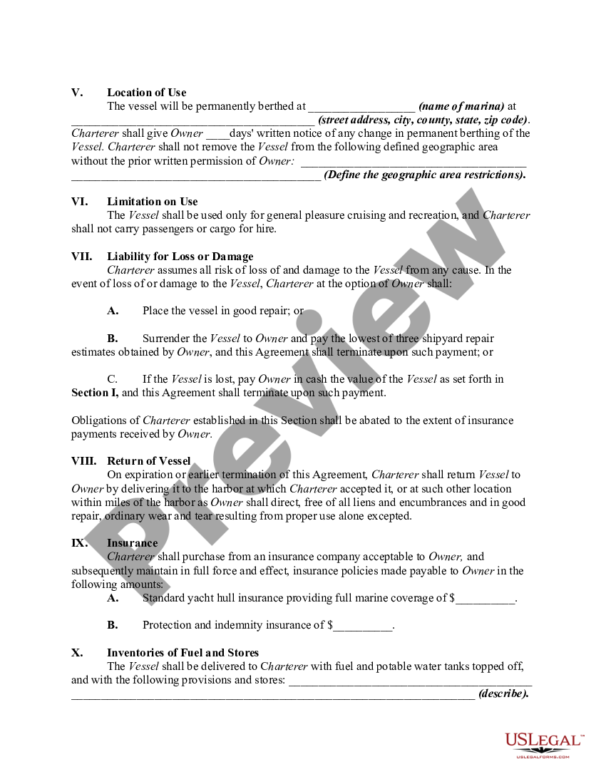 Charter Agreement for Boat e.g., Sailboat or Motor Yacht Purchase