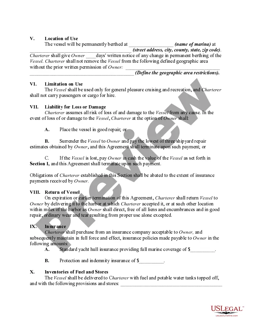 Preview Charter Agreement for Boat e.g., Sailboat or Motor Yacht