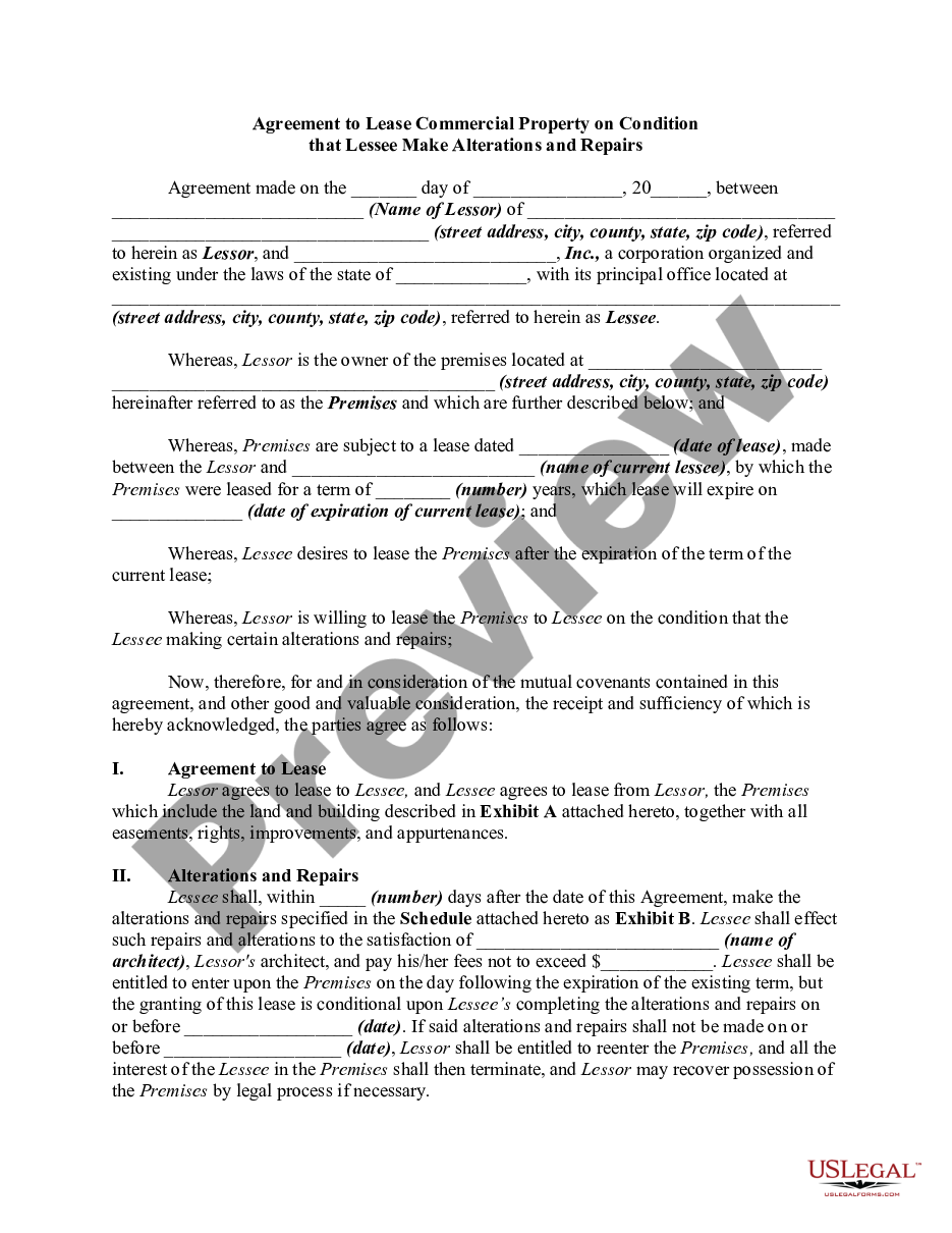 page 0 Agreement to Lease Commercial Property on Condition that Lessee Make Alterations and Repairs preview