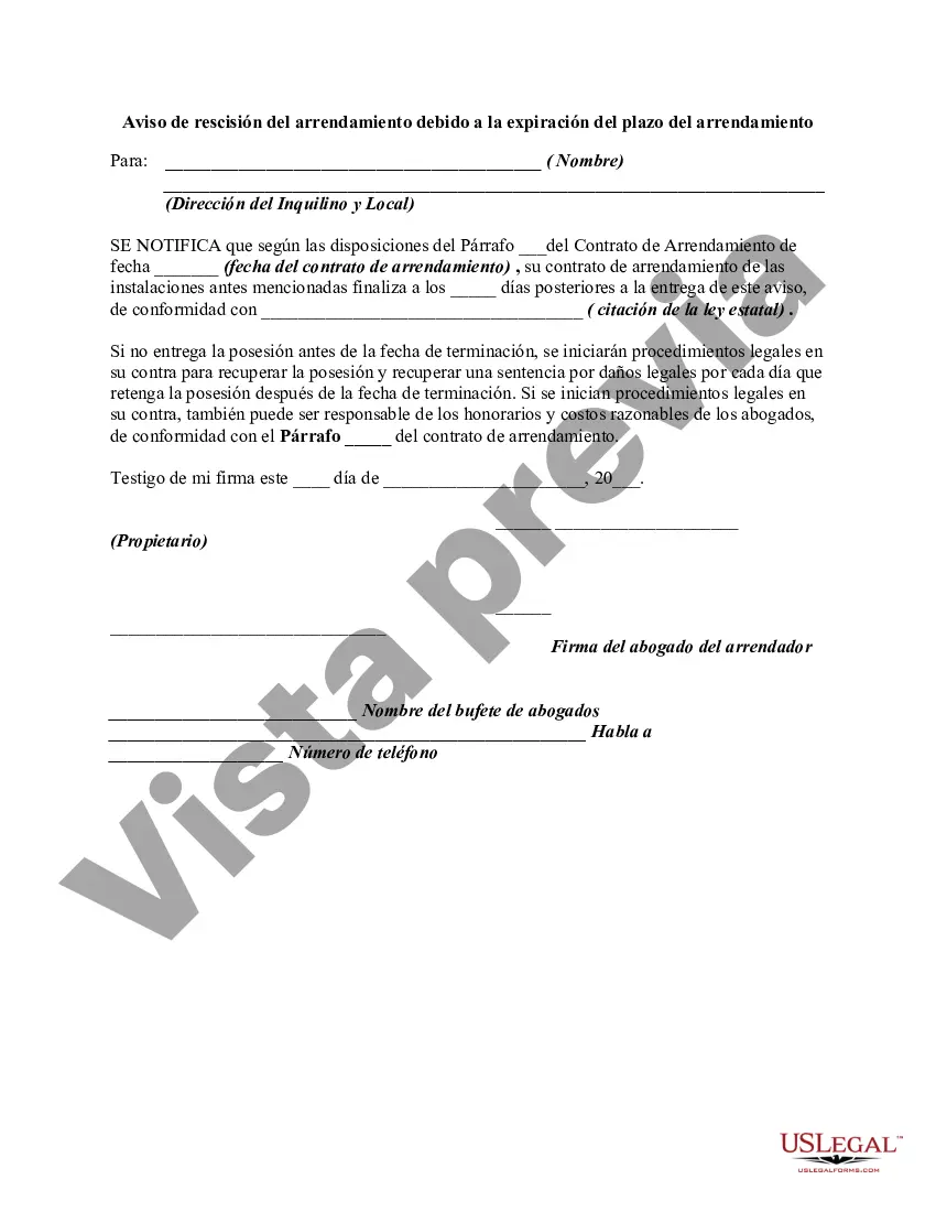 Preview Aviso de rescisión del contrato de arrendamiento debido a la expiración del plazo del contrato de arrendamiento - Renta vencida