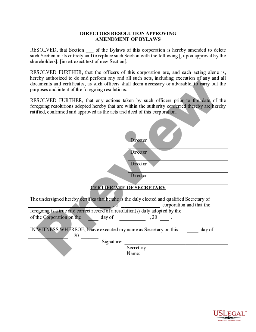 Nevada Amend Bylaws Directors Corporate Resolution Form Amend