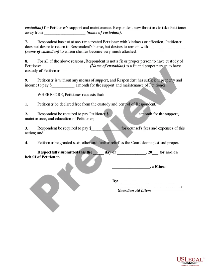 Get Petition of Minor by Guardian Ad Litem to be Declared Free from Father's Custody Due to Cruel Treatment - Release of Parental Rights Preview Petition of Minor by Guardian Ad Litem to be Declared Free from Father's Custody Due to Cruel Treatment - Release of Parental Rights