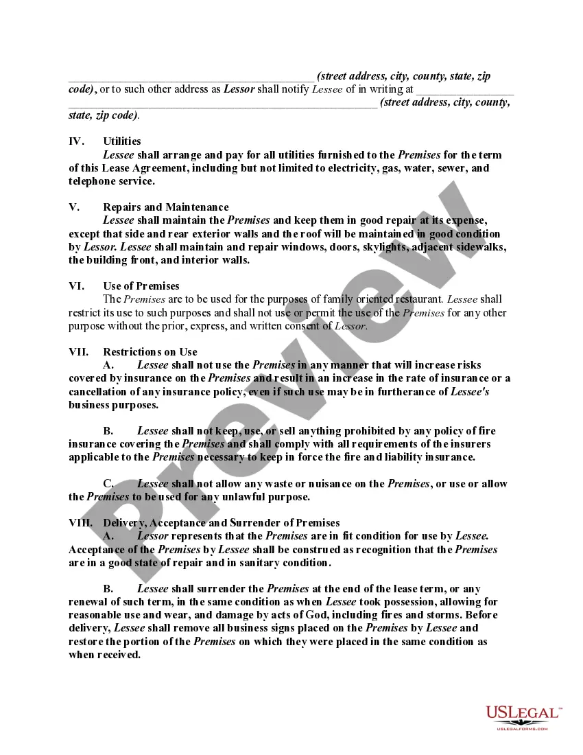 Preview Lease of Restaurant