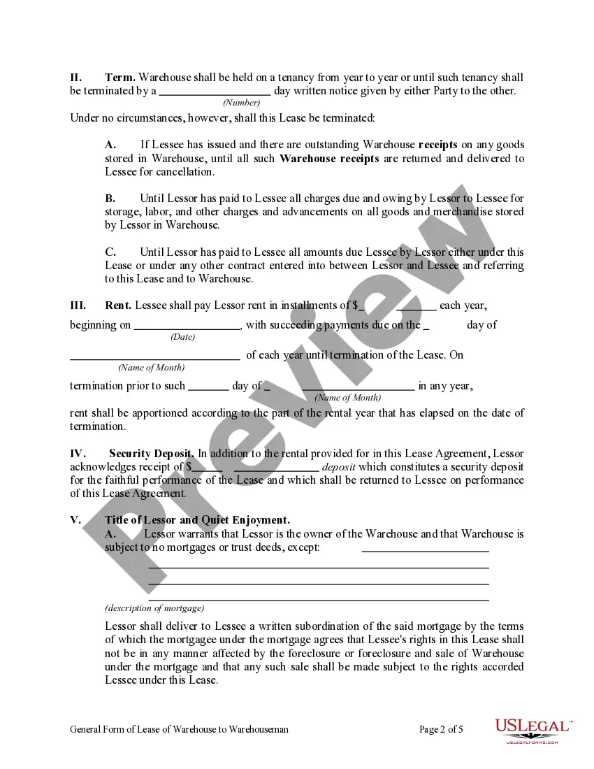 Get General Form of Lease of Warehouse to Warehouseman Preview General Form of Lease of Warehouse to Warehouseman