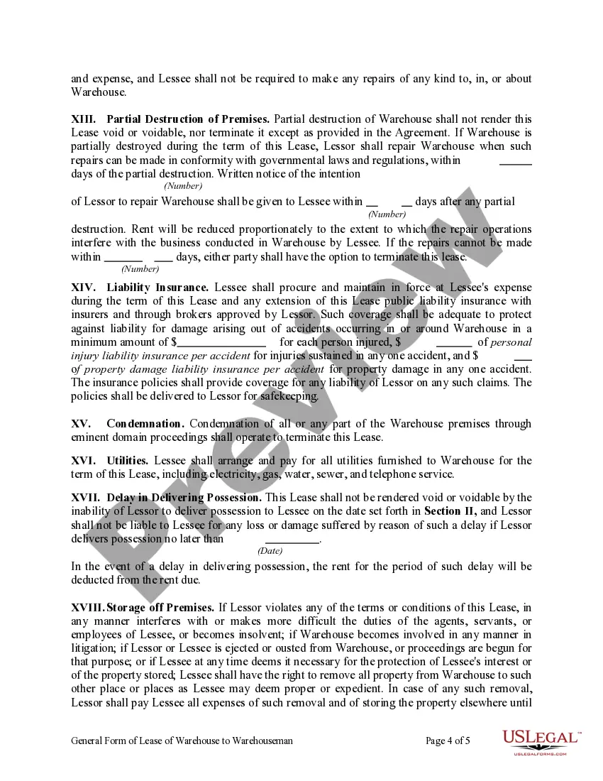 Get General Form of Lease of Warehouse to Warehouseman Preview General Form of Lease of Warehouse to Warehouseman