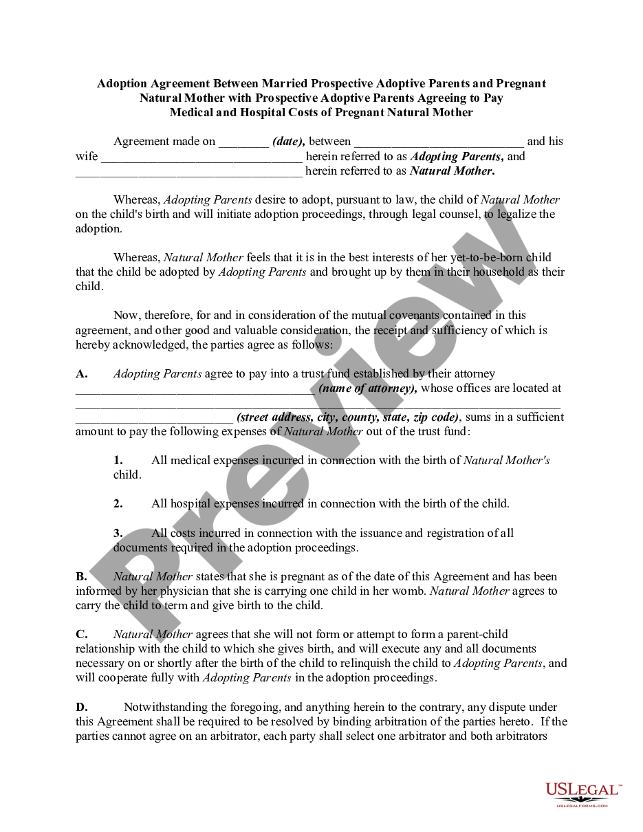 page 0 Adoption Agreement Between Married Prospective Adoptive Parents and Pregnant Natural Mother with Prospective Adoptive Parents Agreeing to Pay Medical and Hospital Costs of Pregnant Natural Mother preview