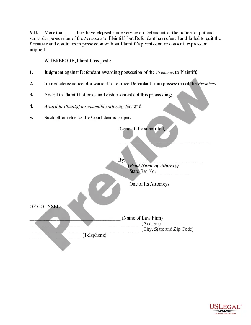 Preview Complaint or Petition to Recover Possession of Premises from a Tenant at Will After Statutory Notice to Quit - Past Due Rent