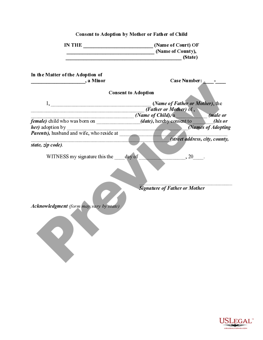 Consent to Adoption by Mother or Father of Child Adoption Consent