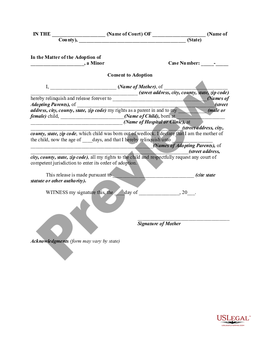 Consent to Adoption by Unmarried Mother of Child - Child Adoption Forms ...