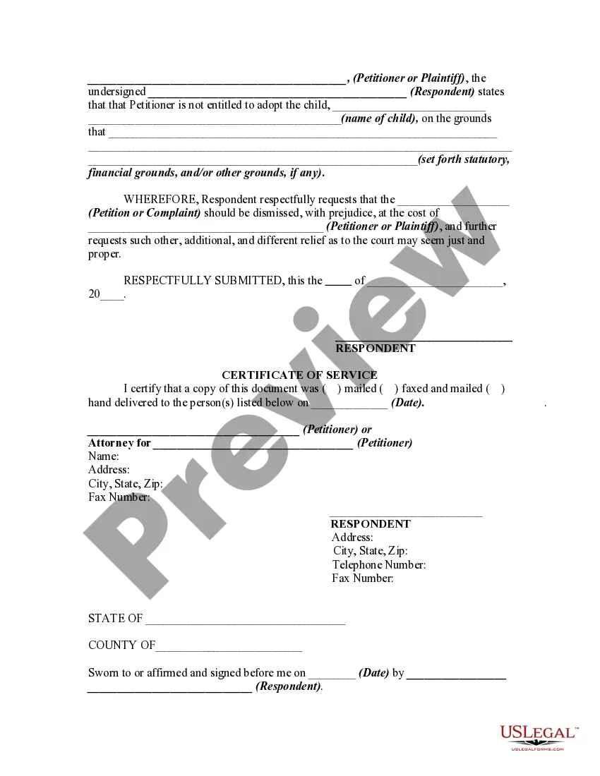Get Sworn Answer or Response - by Natural Parent - to Petition or Complaint to Adopt Child by Denying Qualifications of Petitioner Preview Sworn Answer or Response - by Natural Parent - to Petition or Complaint to Adopt Child by Denying Qualifications of Petitioner
