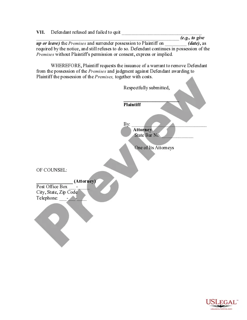 Preview Complaint to Recover Possession of Leased Premises After Giving Statutory Notice to Quit to Month-to-Month Tenant