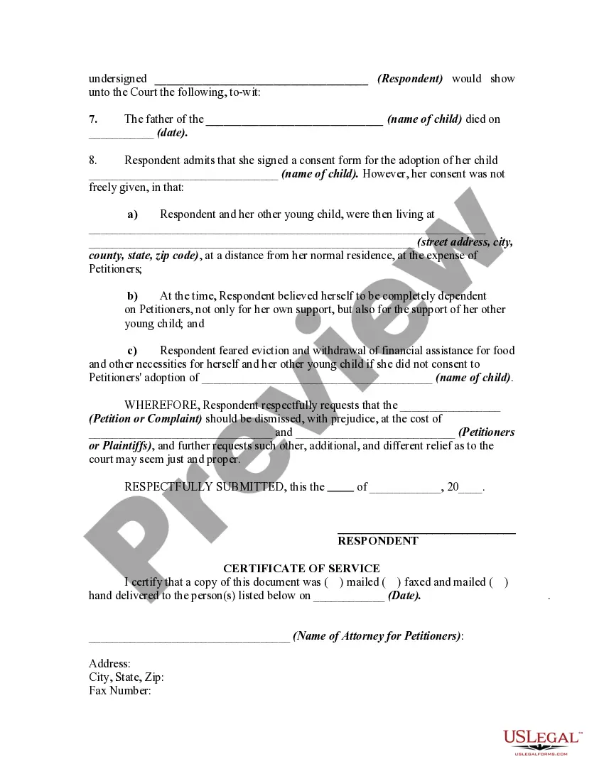 Get Answer by Natural Mother Denying Consent to Adopt or Abandonment and Alleging that Consent not Freely Given Preview Answer by Natural Mother Denying Consent to Adopt or Abandonment and Alleging that Consent not Freely Given