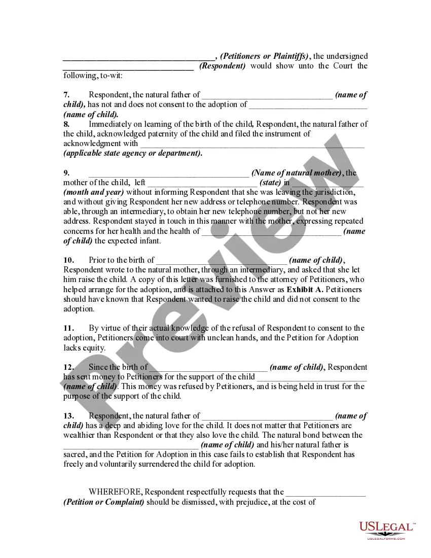 Get Answer by Natural Father Denying Consent to Adopt or Abandonment and Alleging that Consent not Given Preview Answer by Natural Father Denying Consent to Adopt or Abandonment and Alleging that Consent not Given