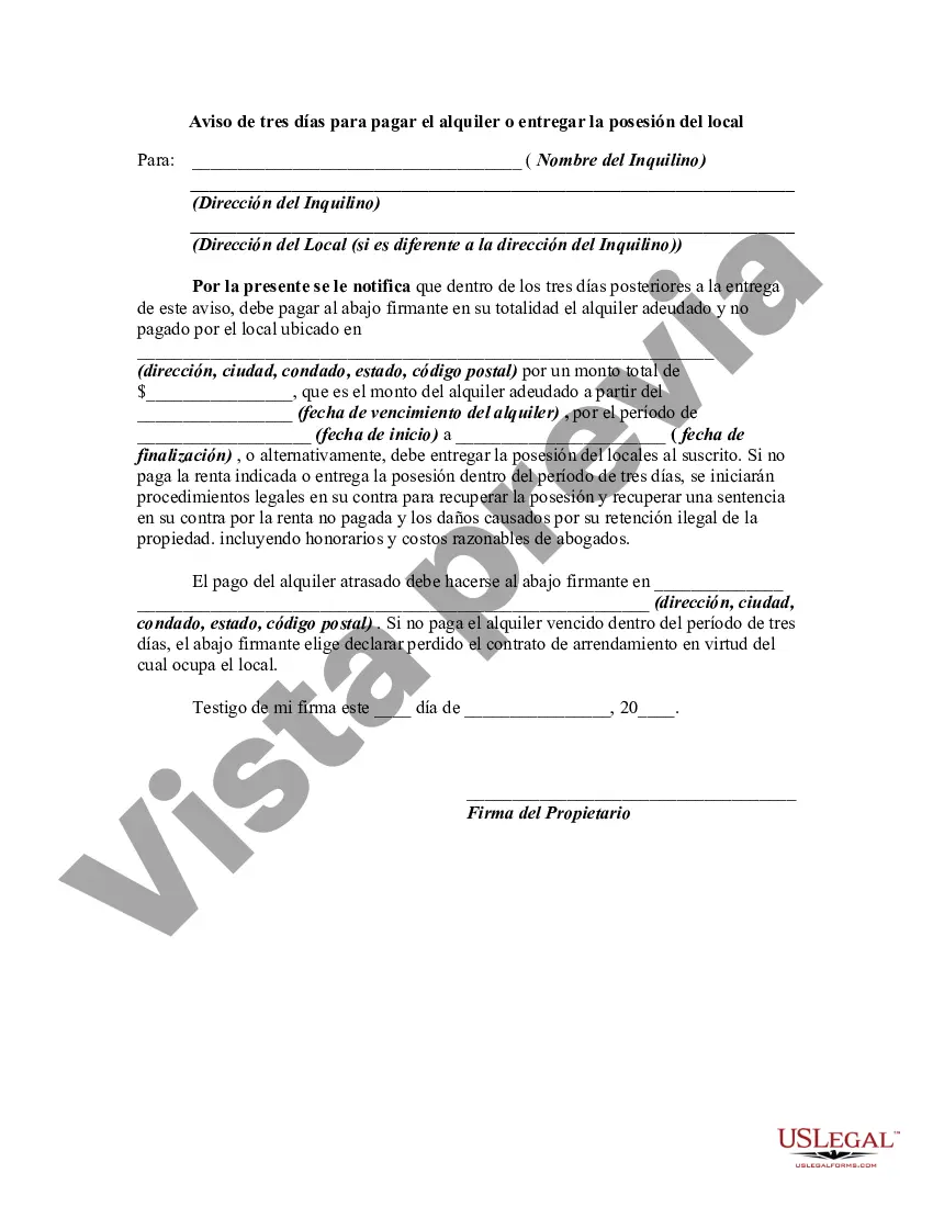Preview Aviso de tres días para pagar el alquiler o entregar la posesión del local - Desalojar - Alquiler atrasado - Desalojo