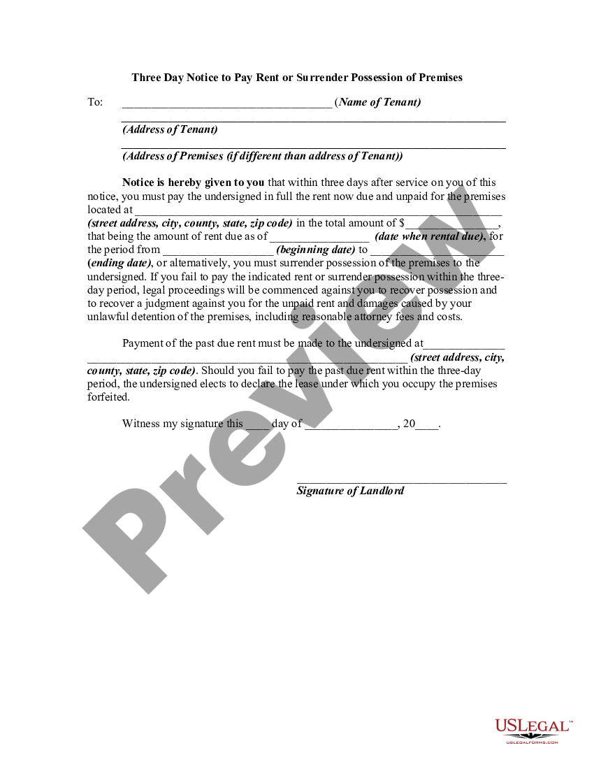 Mississippi Three Day Notice To Pay Rent Or Surrender Possession Of Premises Vacate Past Due