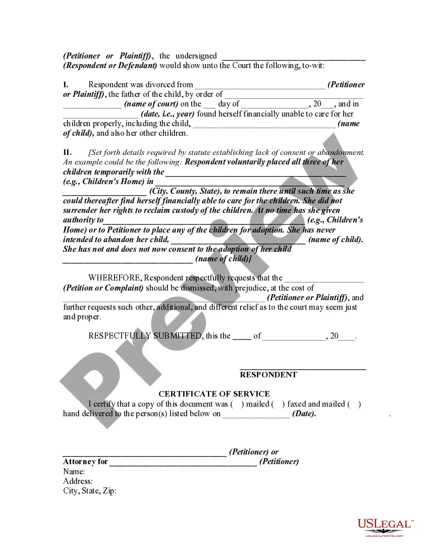 Get Answer by Natural Mother to Complaint that She Abandoned Child or Consented to Give up Custody Preview Answer by Natural Mother to Complaint that She Abandoned Child or Consented to Give up Custody