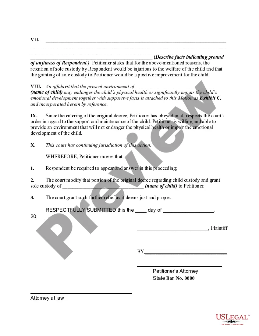 Get Motion for Modification or Amendment of Prior Custody Order in Divorce Decree to Obtain Sole Custody of Minor Child Due to Unfitness of Custodial Parent Preview Motion for Modification or Amendment of Prior Custody Order in Divorce Decree to Obtain Sole Custody of Minor Child Due to Unfitness of Custodial Parent