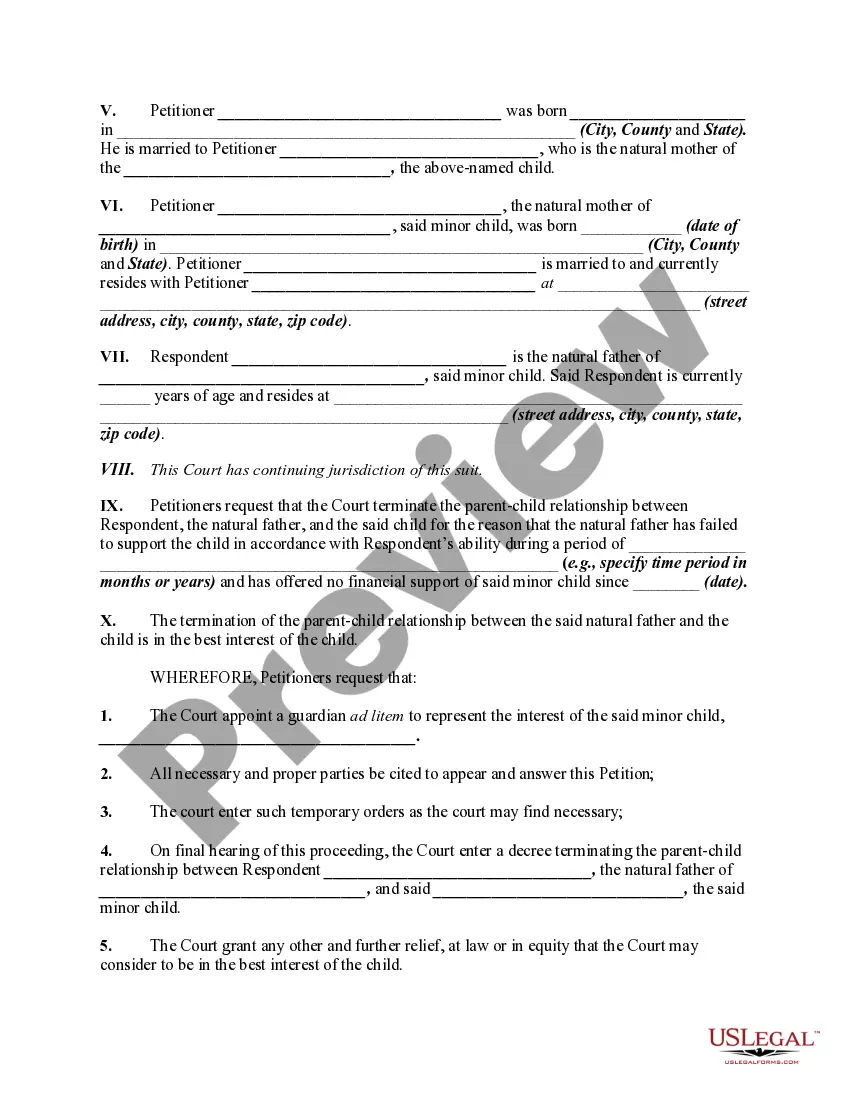 Preview Petition by Stepfather and Natural Mother to Terminate Natural Fathers Parent / Child Relationship for Failure to Support Child - Release of Parental Rights