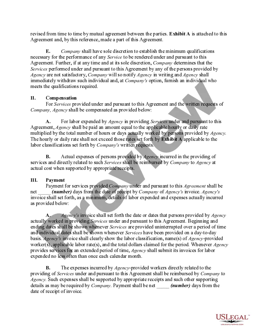 Get Agreement Between Company and Employment or Temporary Employment Agency to Provide Professional or Skilled Worker Services Preview Agreement Between Company and Employment or Temporary Employment Agency to Provide Professional or Skilled Worker Services