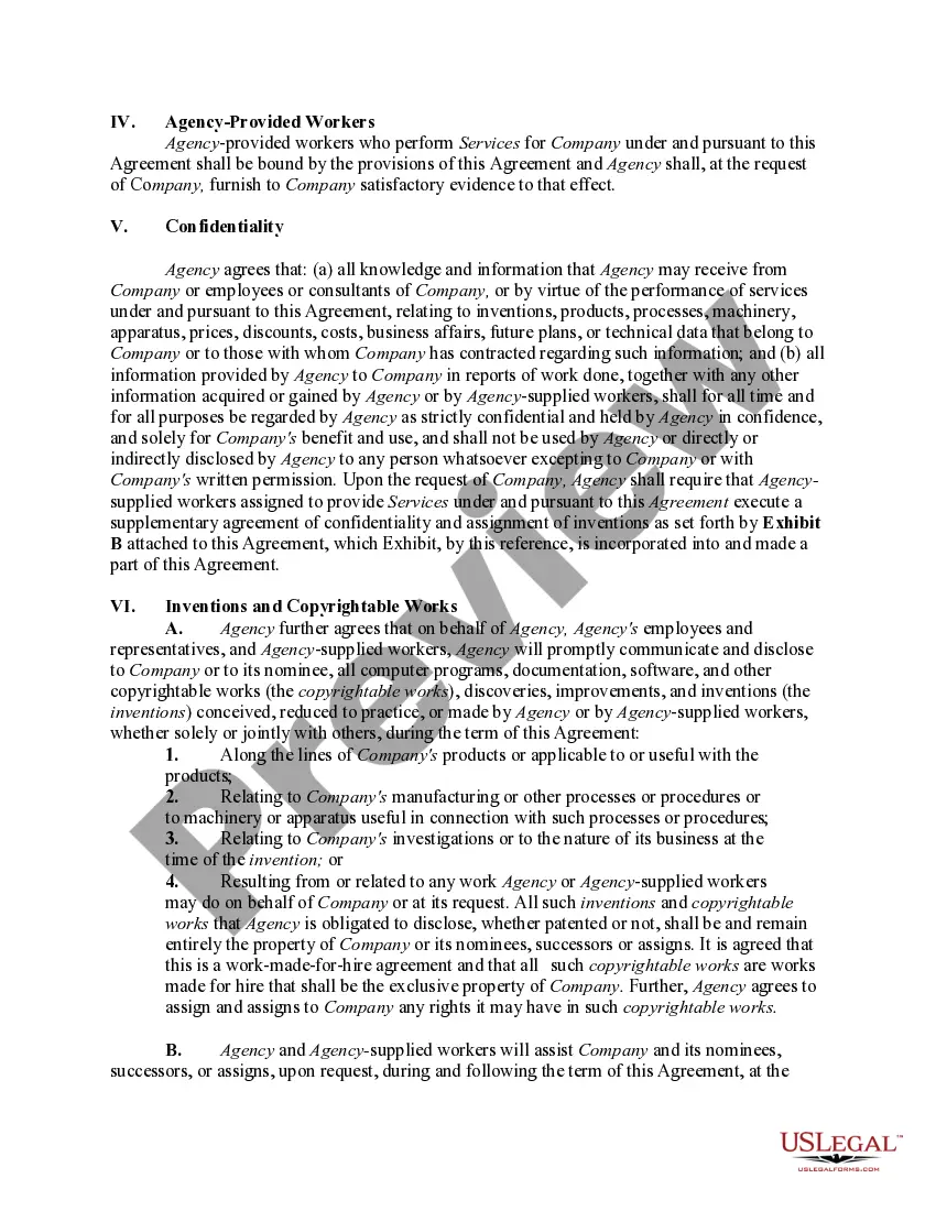 Get Agreement Between Company and Employment or Temporary Employment Agency to Provide Professional or Skilled Worker Services Preview Agreement Between Company and Employment or Temporary Employment Agency to Provide Professional or Skilled Worker Services