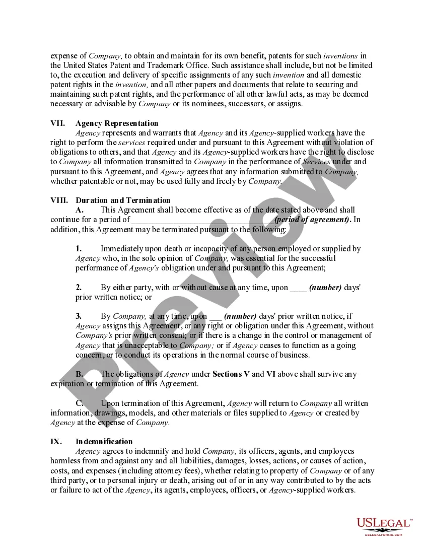 Get Agreement Between Company and Employment or Temporary Employment Agency to Provide Professional or Skilled Worker Services Preview Agreement Between Company and Employment or Temporary Employment Agency to Provide Professional or Skilled Worker Services