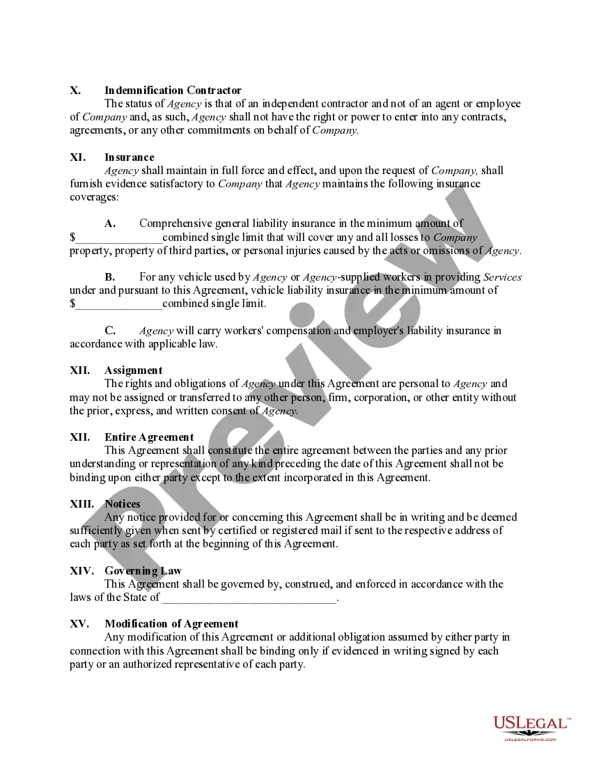 Get Agreement Between Company and Employment or Temporary Employment Agency to Provide Professional or Skilled Worker Services Preview Agreement Between Company and Employment or Temporary Employment Agency to Provide Professional or Skilled Worker Services