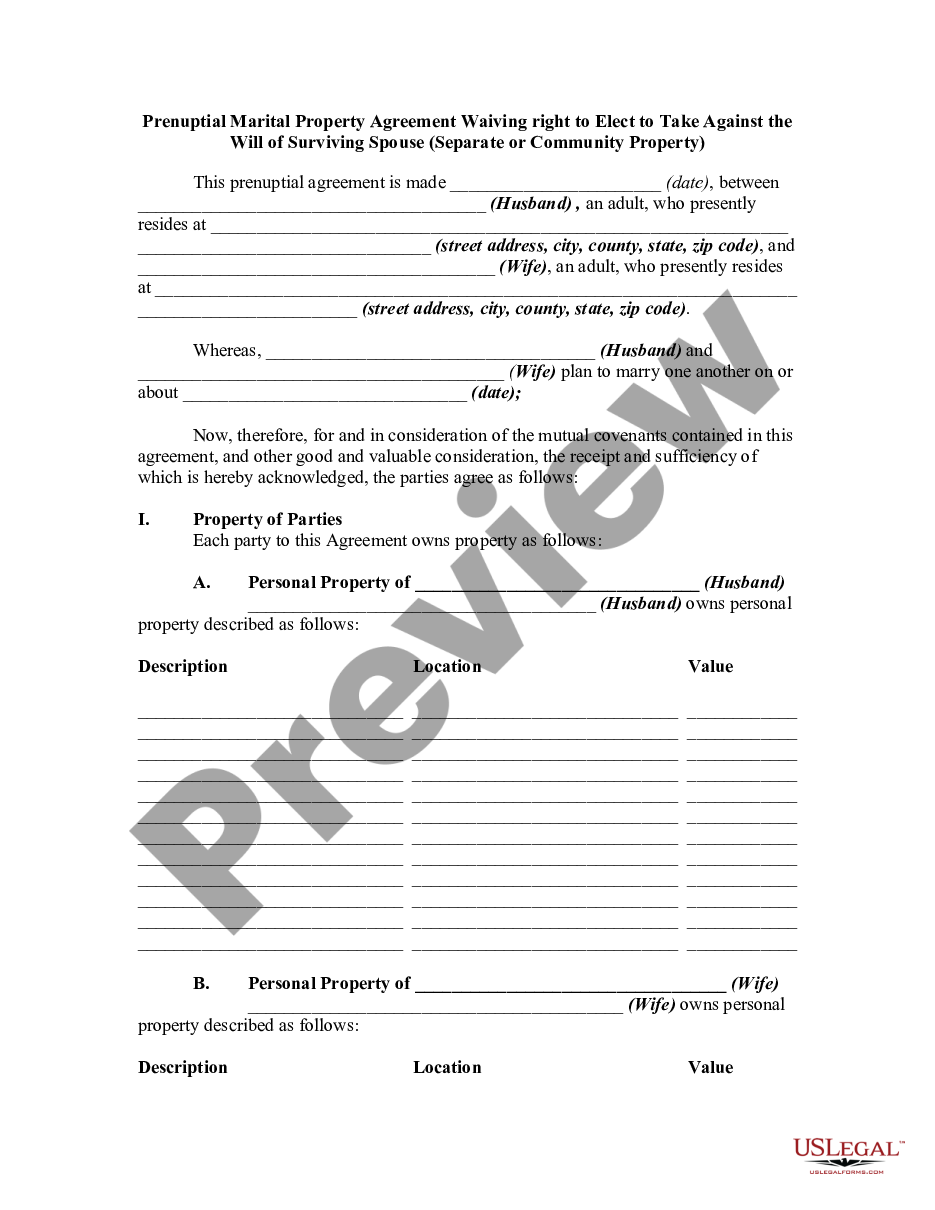 page 0 Prenuptial Marital Property Agreement Waiving right to Elect to Take Against the Surviving Spouse - Separate or Community Property preview