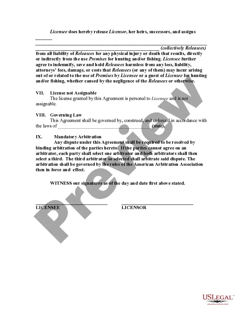Get Nonexclusive License to Hunt and Fish on Property or Land of Another Preview Nonexclusive License to Hunt and Fish on Property or Land of Another