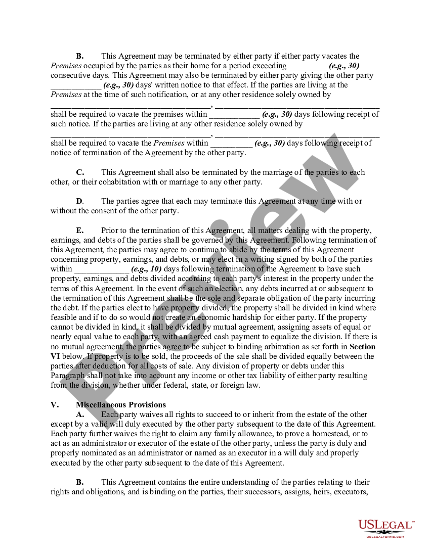 Cohabitation Agreement Between Parties Living Together But Remaining Unmarried With Residence 4106