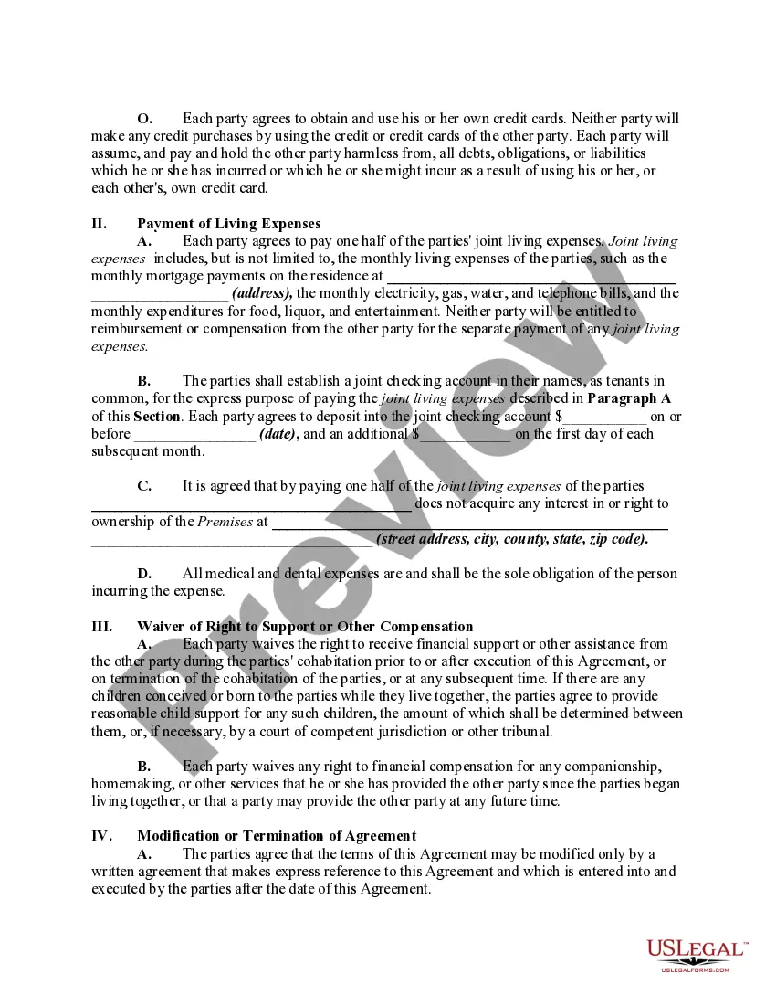 Preview Cohabitation Agreement Between Parties Living Together but Remaining Unmarried with Residence Owned by One of the Parties