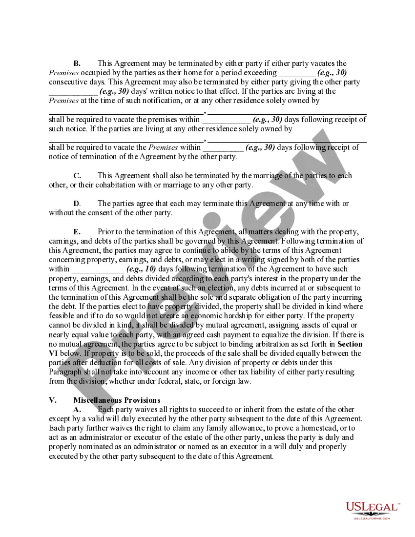 Preview Cohabitation Agreement Between Parties Living Together but Remaining Unmarried with Residence Owned by One of the Parties