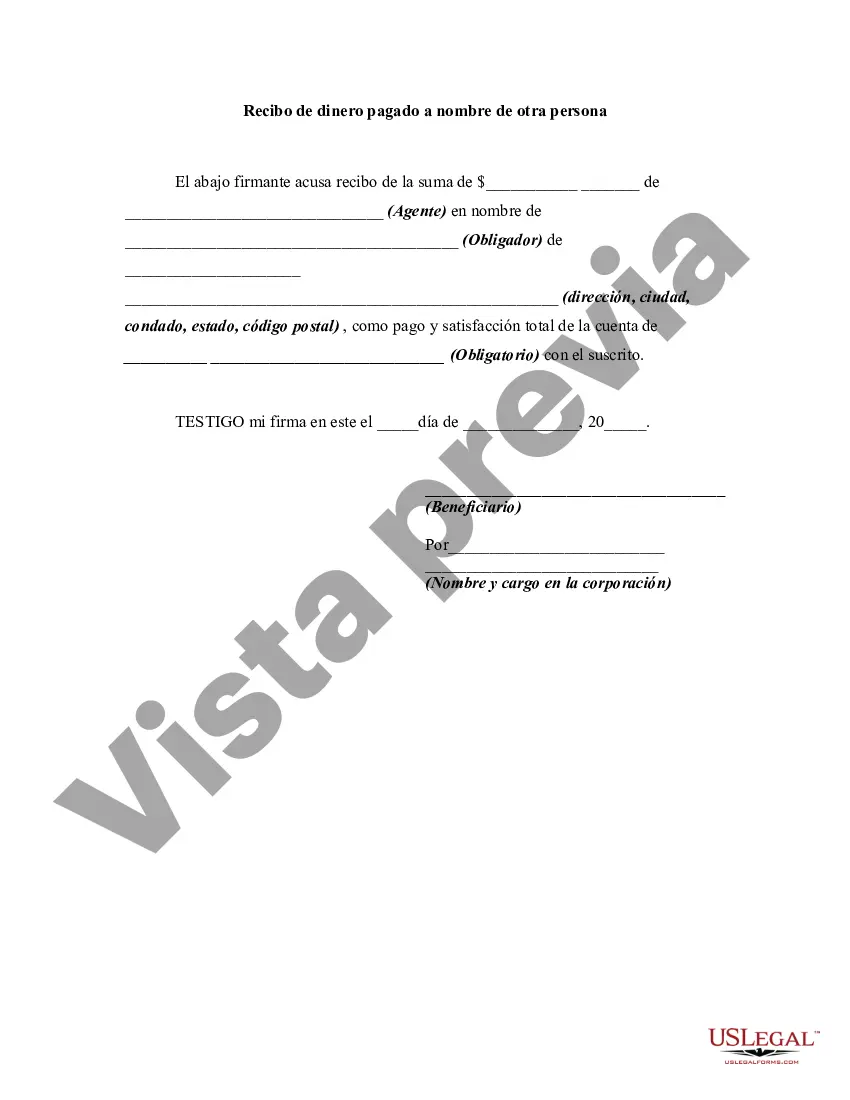 Preview Recibo de dinero pagado a nombre de otra persona