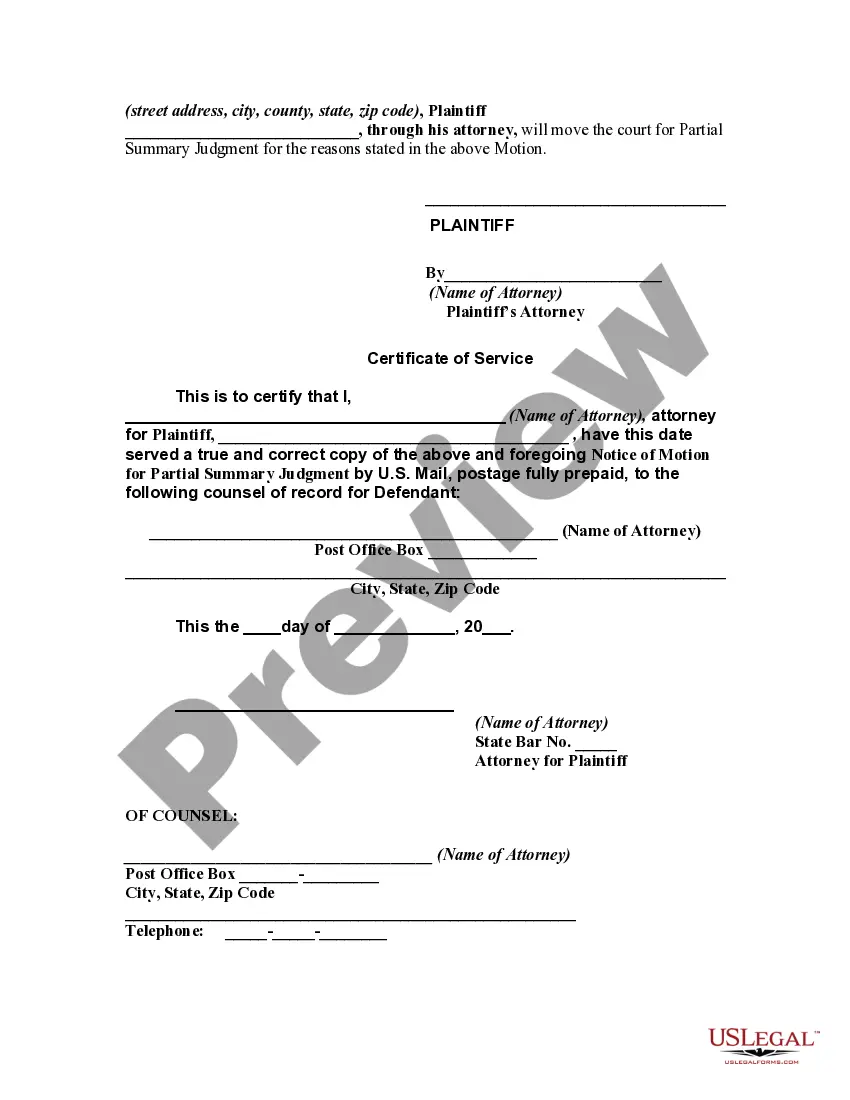 Get General Form of Partial Motion for Summary Judgment by Plaintiff on Issue of Liability with Notice of Motion and with Request for Separate Trial on Issue of Damages Preview General Form of Partial Motion for Summary Judgment by Plaintiff on Issue of Liability with Notice of Motion and with Request for Separate Trial on Issue of Damages
