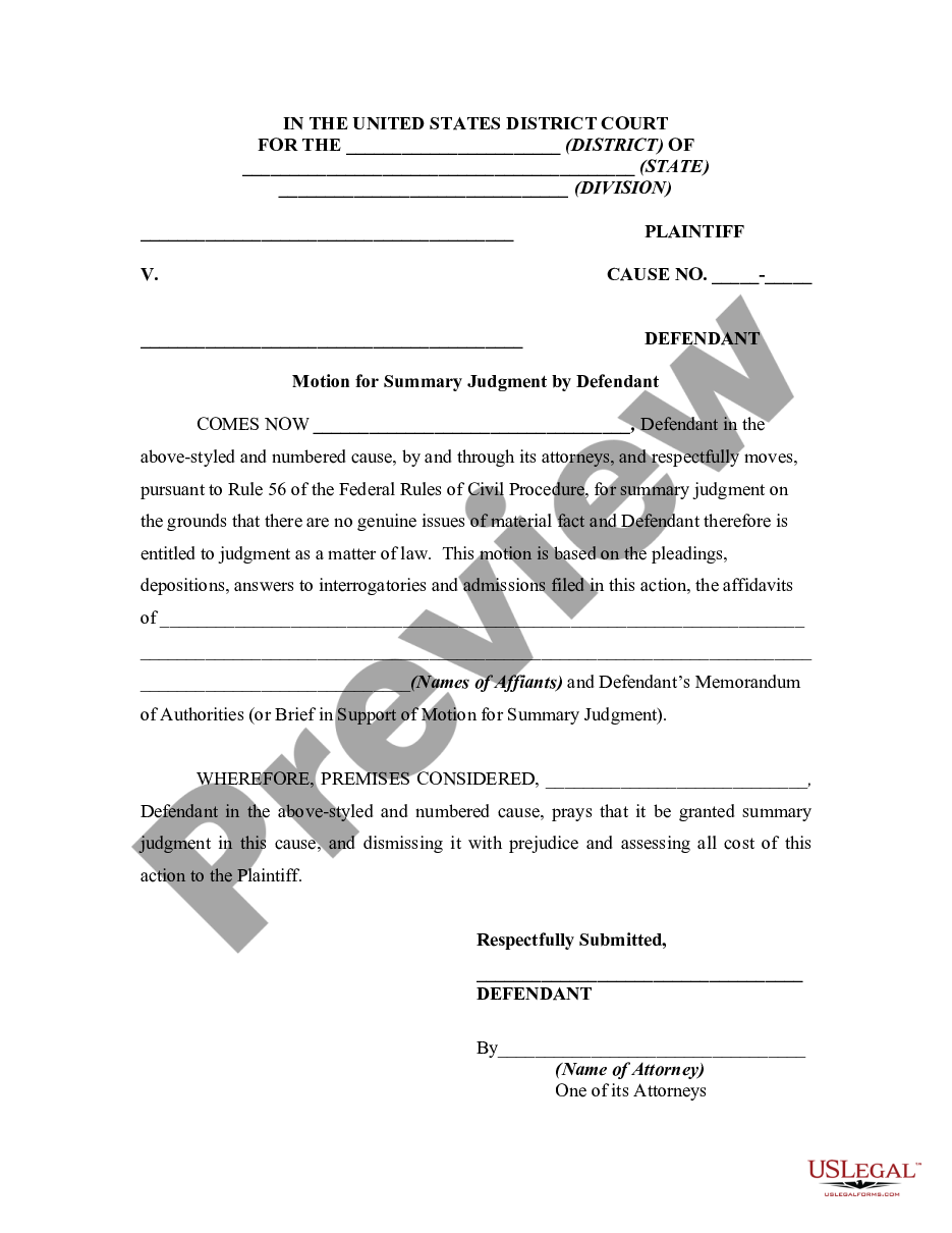 Motion for Summary Judgment by Defendant with Notice of Motion