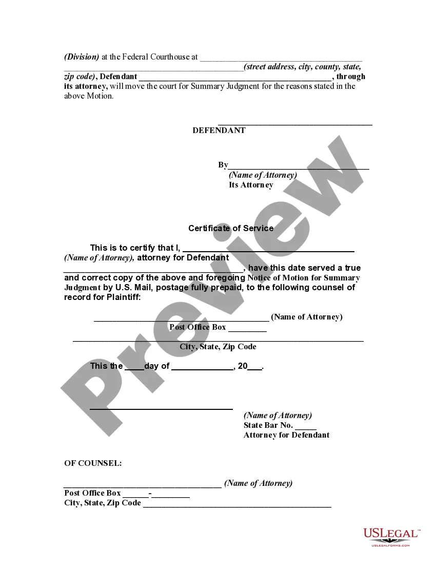 Get Motion for Summary Judgment by Defendant with Notice of Motion Preview Motion for Summary Judgment by Defendant with Notice of Motion